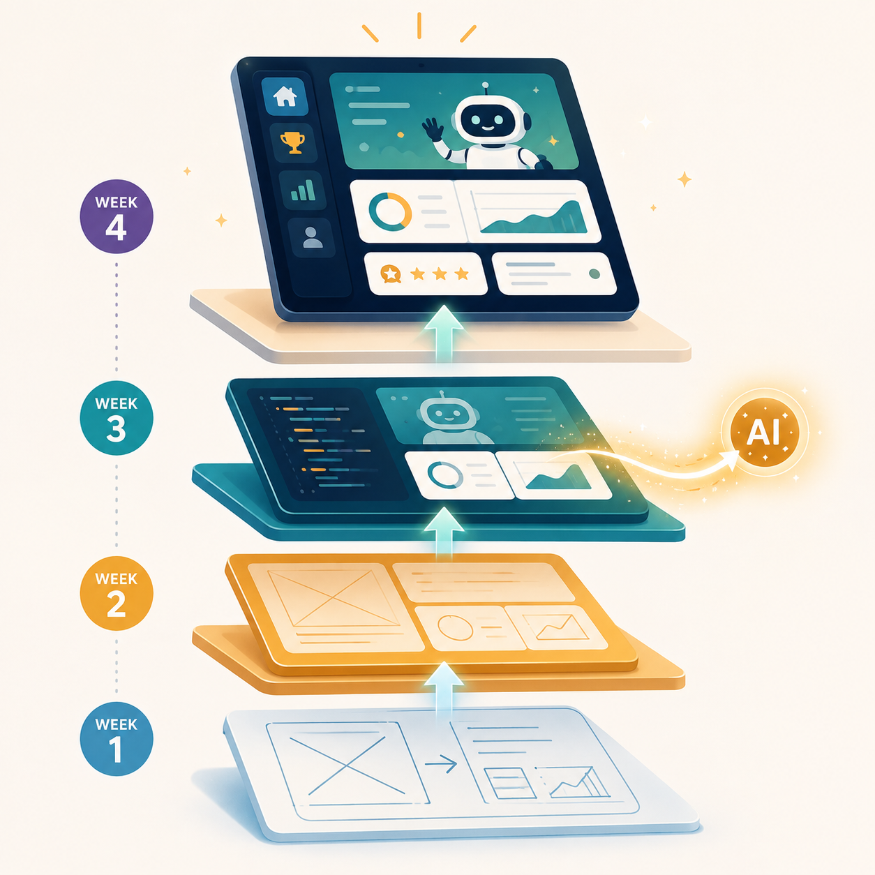 Four weekly layers of an app evolving from wireframe to AI-powered product