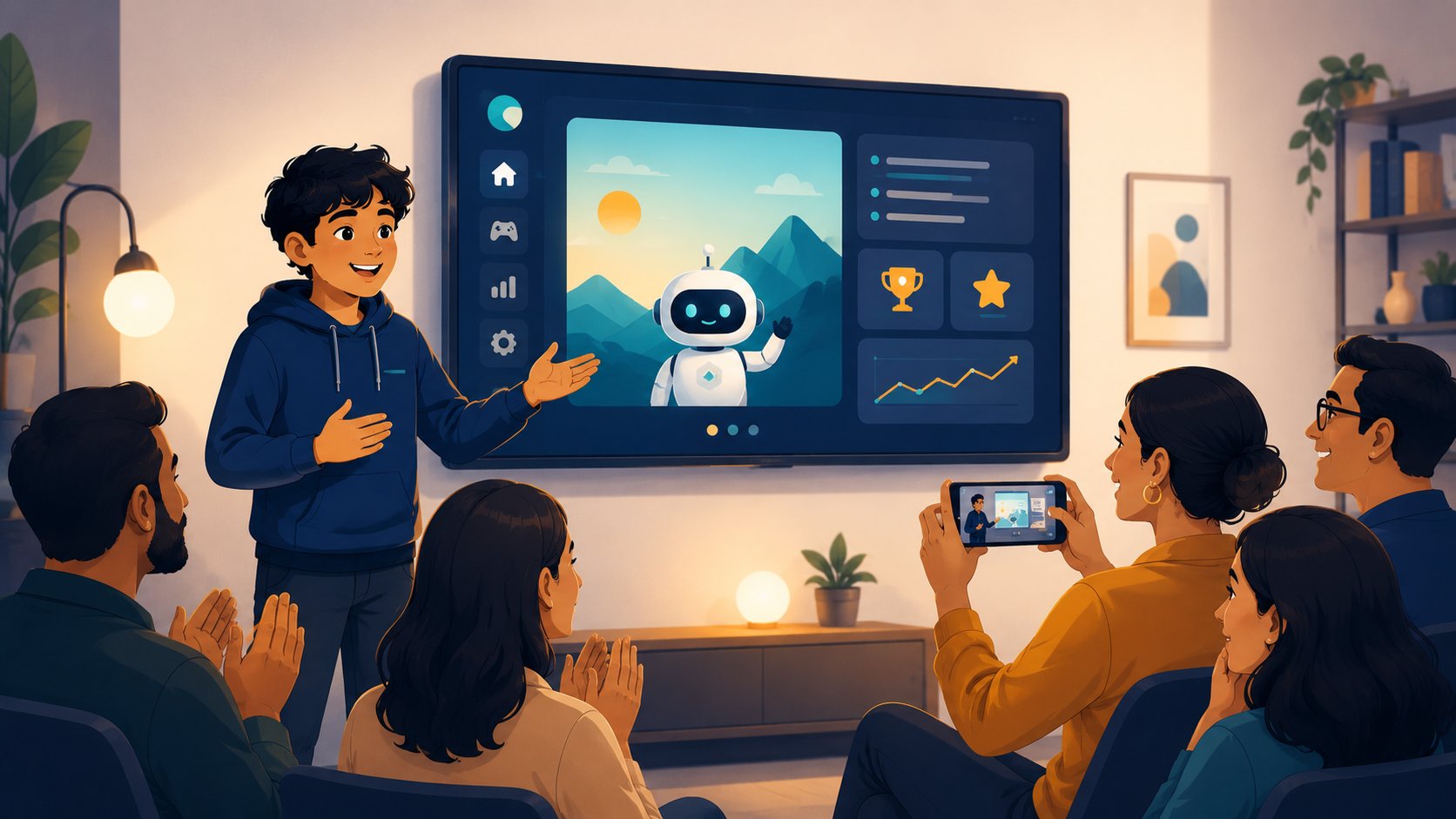 A student presenting their finished AI app to family and the group on launch day